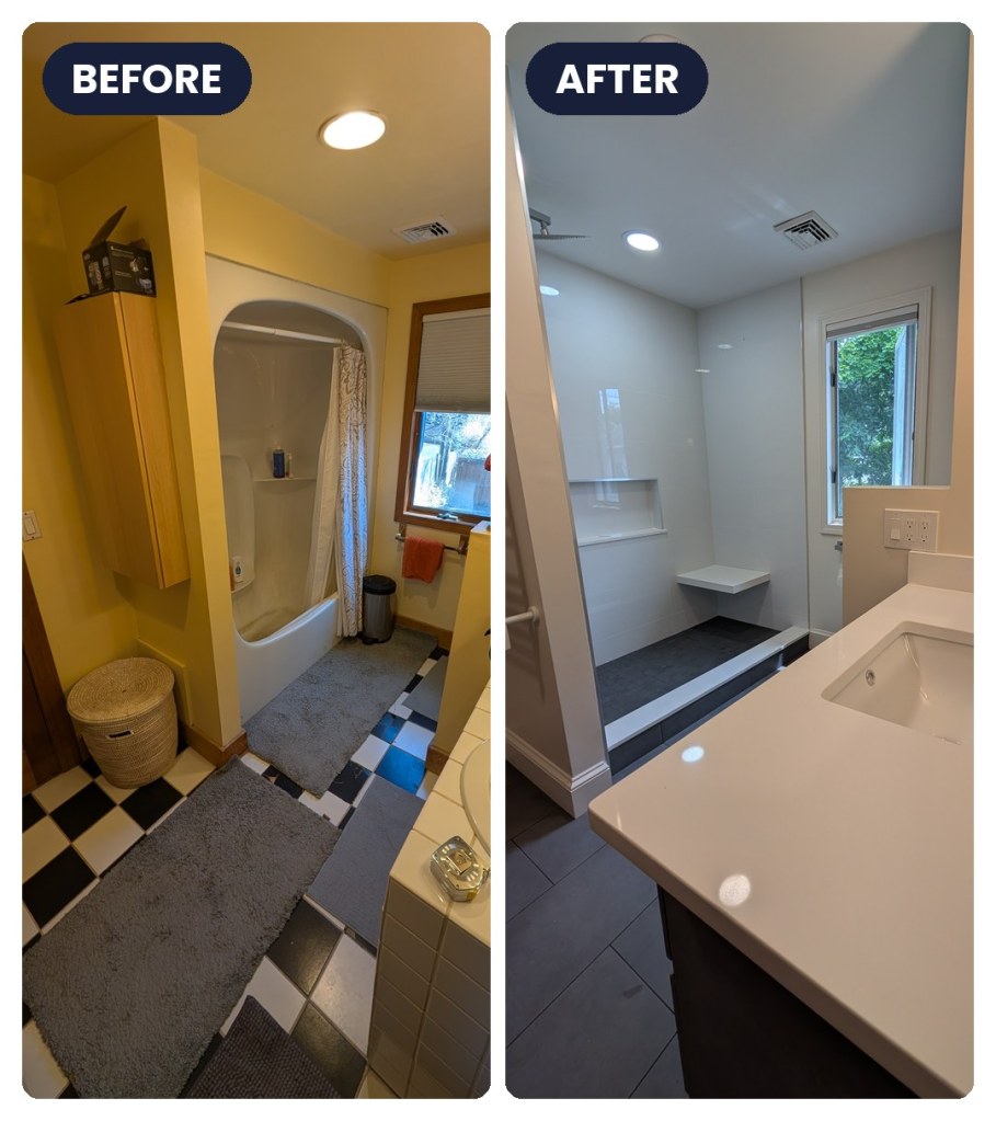 Bathroom remodel in Lexington, MA — before and after (bathtub to walk-in shower)