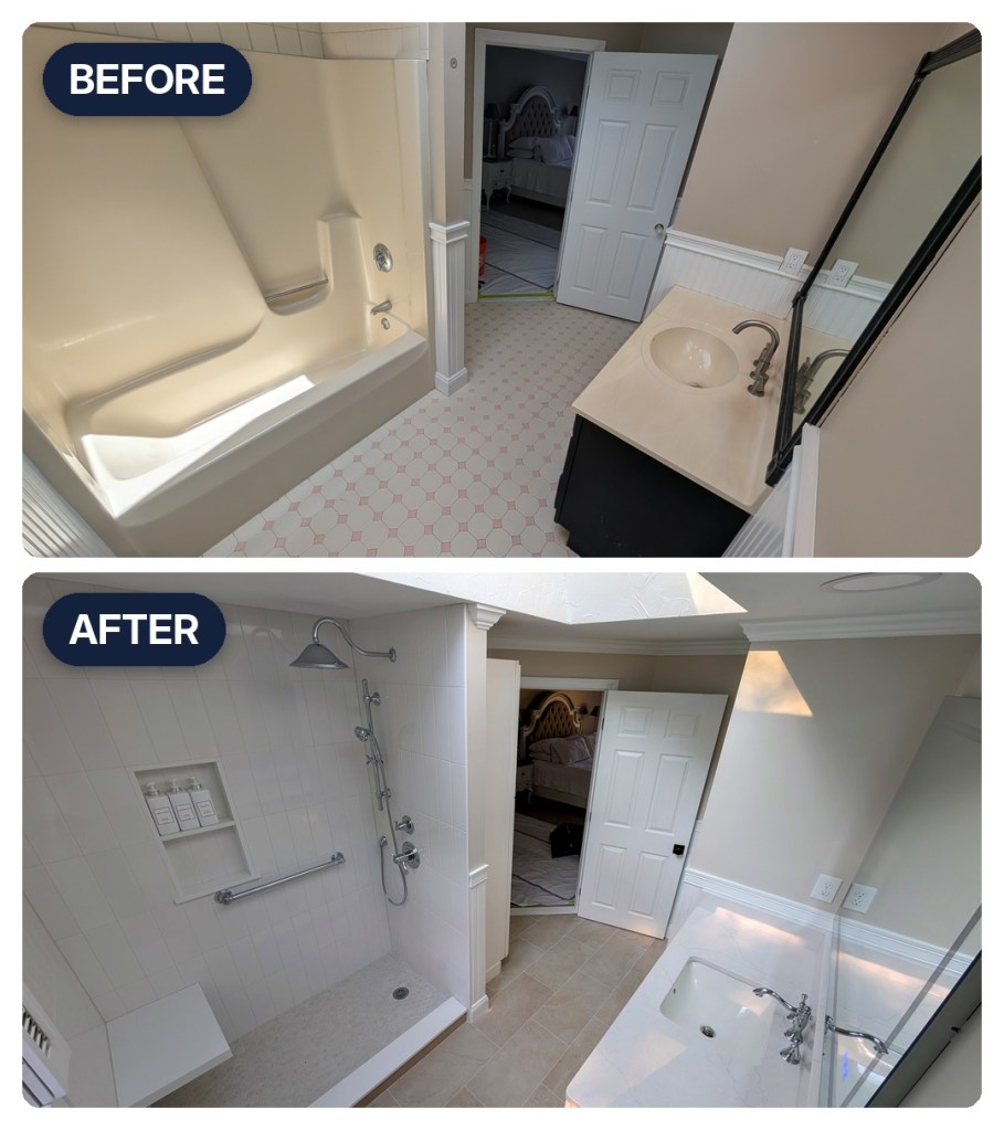 Master bathroom renovation in Avon, MA — before and after (bathtub to walk-in shower)