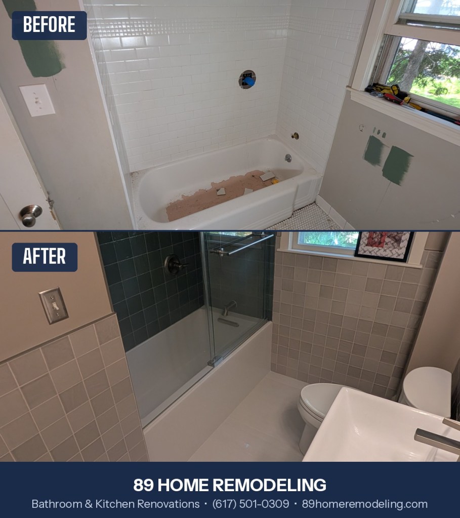 Bathroom renovation in Arlington, MA — before and after (bathtub upgrade)